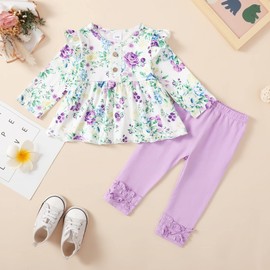 18 Months Girl Clothes Toddler Baby Girl Outfits Floral Shirt Top Purple Pants Fall Winter Little Girl Clothes 2T Outfit for Girl 18-24 Months