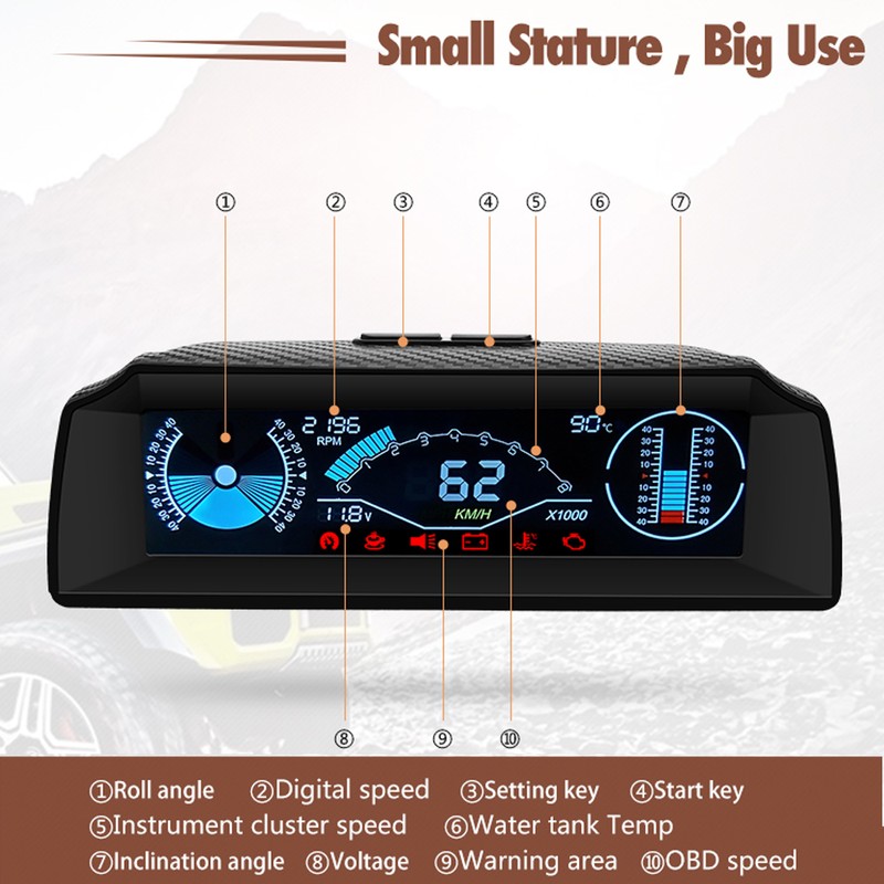 Car Headup Display LCD Digital Speedometer Multifunctional Inclinometer Angle Slope
