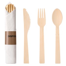 BANBU Prerolled Bamboo Cutlery-25 Pack (6.7" 25 Forks 25 Spoons 25 Knives 25 Napkins) Individually Wrapped Forks Spoons and Knives Set Disposable Compostable for Wedding/Camping