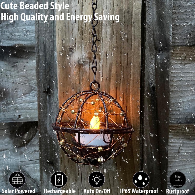 Outdoor Solar Hanging Lanterns Waterproof, Globe Hanging Candle Holder with