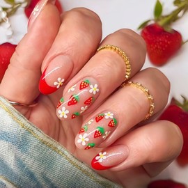 SHUXILIN Red French Tips Press on Nails Short Almond Fake Nails Cute Strawberry Full Cover Glue on Nails with Glitter Strawberry Flower Designs Glossy False Nail Artificial Stick on Nails for Women