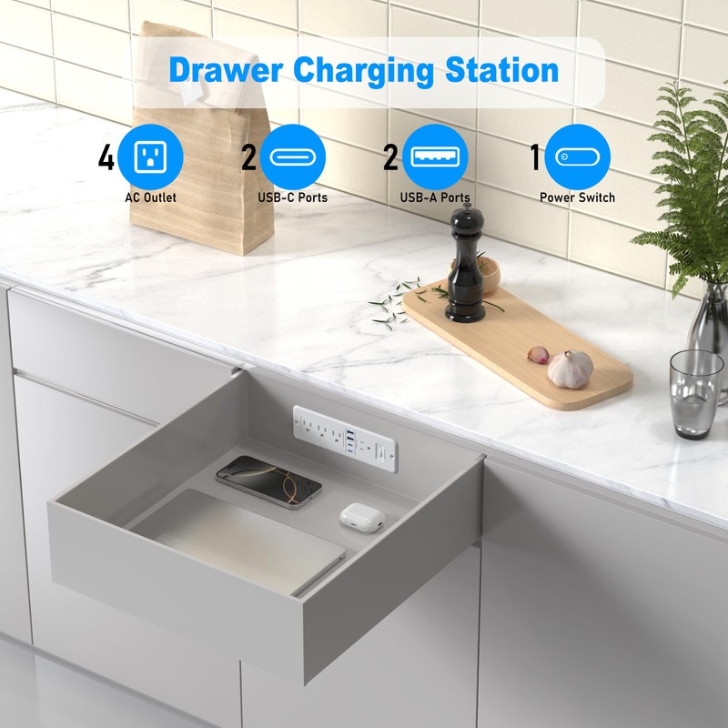 Furniture Drawer Outlet Kit, 65W USB C Recessed Power Strip