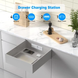 Furniture Drawer Outlet Kit, 65W USB C Recessed Power Strip with 4 Outlets & 4 USB Ports,Hidden Charging Station for Home Office 6 FT White Cord