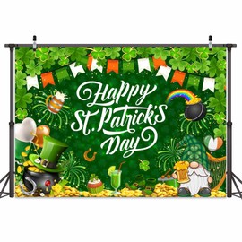 Happy St. Patrick's Day Backdrop, Saint Patrick Day Decorations Green Gnomes Shamrock Heart Balloons Golden Coin Irish Luck Day Photo Booth Background for Lucky Party Supplies Decorations, 8x6ft