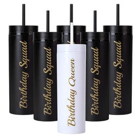 6 Pack Birthday Party Cups 16 oz Double Wall Birthday Squad Tumblers Birthday Queen Plastic Tumbler with Lid and Straws Birthday Cup Women Trip Cups for Women Trip Weekend Birthday Gifts(Black)