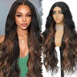 XCHJH 30 Inch Synthetic Lace Front Wig, 4X1 Glueless Pre-Cut Lace Wear and GO Synthetic Wavy Wig for Women Body Wave Middle Part, Beginner-Friendly for Daily Use (Black mix Brown 1B/30A)