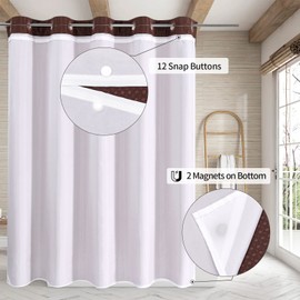 MitoVilla Brown Waffle Long Shower Curtain Liner Set 72 x 80, No Hooks Needed 80 inch Long Heavyweight Fabric Shower Curtain Set with Snap-in Liner for Hotel Grade Spa-Like Bathroom Decor
