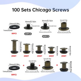 100 Sets Chicago Screws Posts, Book Binding, Screws Rivets for Leather, M5 x 4/6/8/10/15 mm Kit 5 Sizes Metal Accessories Nails Rivets Chicago Button for Belt Bags DIY (Bronze)