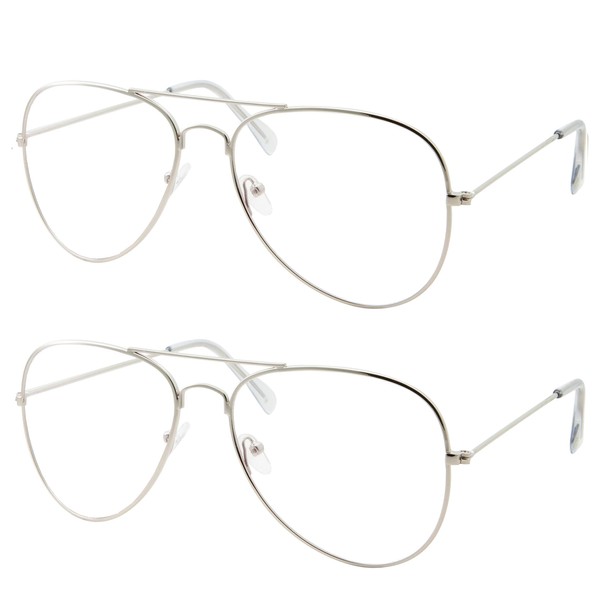 Paquete de 2 gafas de ordenador con bloqueo UV de luz azul, estilo aviador retro, reduce la fatiga ocular, lentes transparentes antirreflejos, lentes para videojuegos, hombres y mujeres (2 plateadas)
