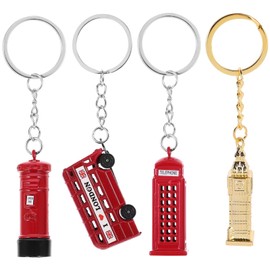 Healvian 4pcs London Souvenir Keychain Set - Two-tier Bus, Telephone Booth, Postboxes - British Cultural Landmark Keyring for Decoration and Giftwares,Keyring Souvenirs Keychain