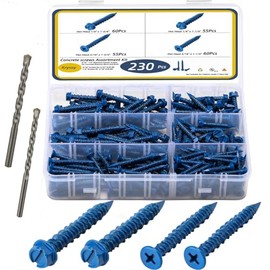 Kit de surtido de 232 piezas de tornillos para concreto con broca, tornillos para mampostería de 3/16" y 1/4"