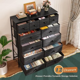 Romorgniz Tall Dresser for Bedroom with 12 Drawers, Fabric Storage Dressers & Chests of Drawers, Sturdy Metal Frame, Wood Top, Closet, Entryway, Bedroom Furniture (Charcoal Black)