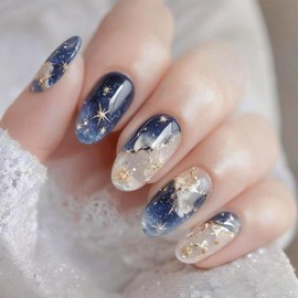 24Pcs Starry Sky Press on Nails – Short Square Dark Blue Glitter Fake Nails with DIY Tool, Glossy Full Cover Stick-on for Women, Reusable DIY Art, Premium ABS Material