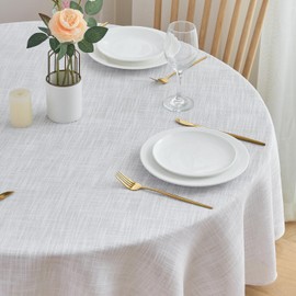 SPRICA Round Cotton Linen Look Tablecloth 63 Inch/160cm Water-Resistant Soft Solid Color Cover for Kitchen, Outdoor, Garden Table, Machine Washable, White