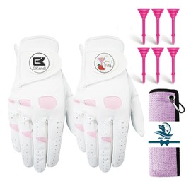 Womens Golf Glove Right Handed Golfer Left Hand Leather Gloves Value 2 Pack with Ball Marker Pink Towel 6 Tees 3 1/4 Inch, Ladies Women All Weather Grip (Pink, Medium (Worn On Right Hand))
