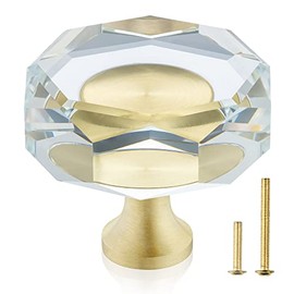 QogriSun 10-Pack Glass Crystal Knobs Brass Drawer Knobs Dresser Pulls, 1-1/4-Inch Polygon, Gold Cabinet Hardware for Kitchen Bathroom