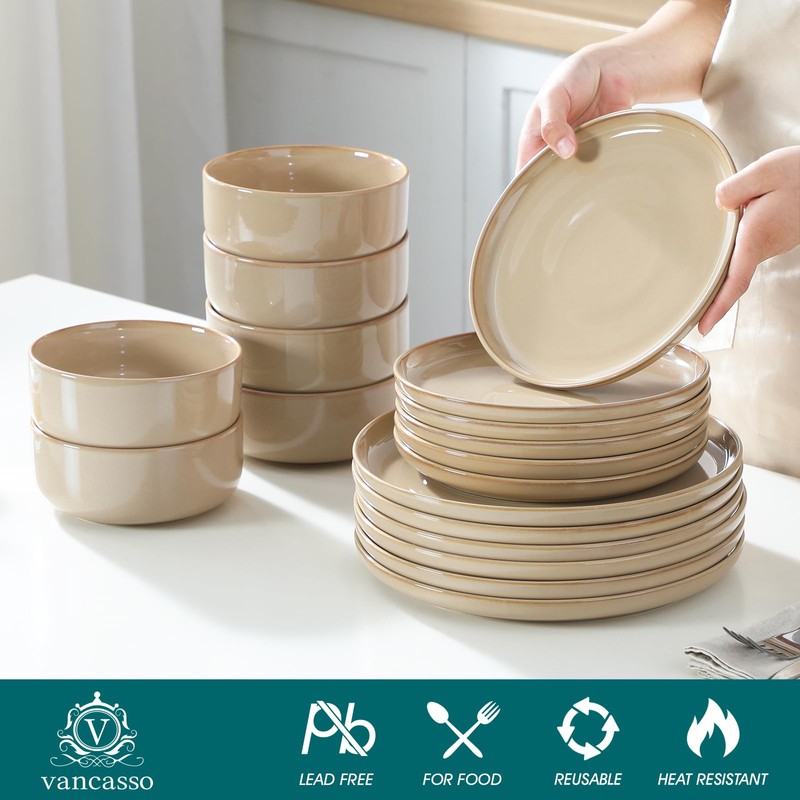 vancasso PLAYA Ceramic Plates and Bowls Sets, 18 Pieces Brown