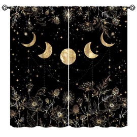 Cortinas de fase de luna dorada, abstractas, flores de lujo, hierbas, botánicas, clásico, color negro, dorado, brujoso, sol, luna, ventana, para recámara, sala de estar, cocina, 42 x 63 pulgadas (sin