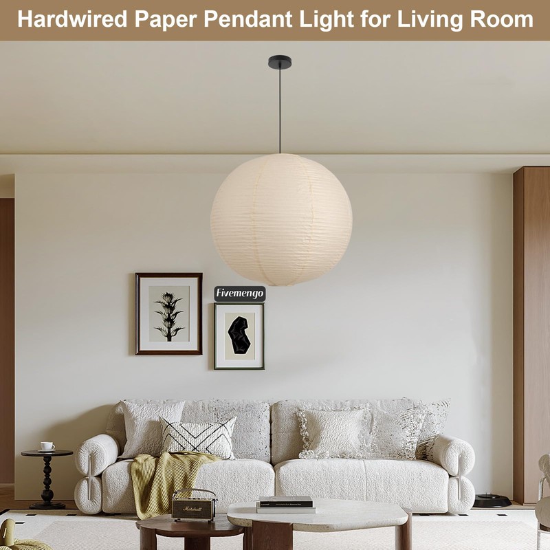 Fivemengo Large Paper Pendant Light with Cord and Canopy, 23.6in