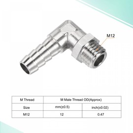 sourcing map Nickel-Plated Copper Hose Barb Fitting Elbow 8mm Barbed M12x1.5 Male Thread Right Angle Pipe Connector