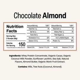Rise Rise Grass-Fed Whey Protein Powder - Chocolate Almond | 25g Protein No Artificial Flavors, Colors, or Preservatives - Sugar Free, Gluten-Free, Soy Free (2.4 lbs)