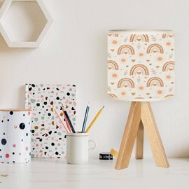 Tripod Bedside Desk Table Lamp Cute Boho Rainbow Seamless Sun Hearts Stars Terracotta Brown Peach for Wood Nightstand Lamp with Linen Fabric Shade for Nursery Bedroom Living Room Kids Room