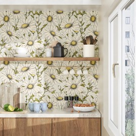 HENNOR Boho Wallpaper Peel and Stick Daisy Floral Wallpaper 17.5in x32.8ft Vintage Leaf Contact Paper Vinyl Self Adhesive Removable Modern Floral Wall Paper for Bedroom Walls Cabinet Drawer