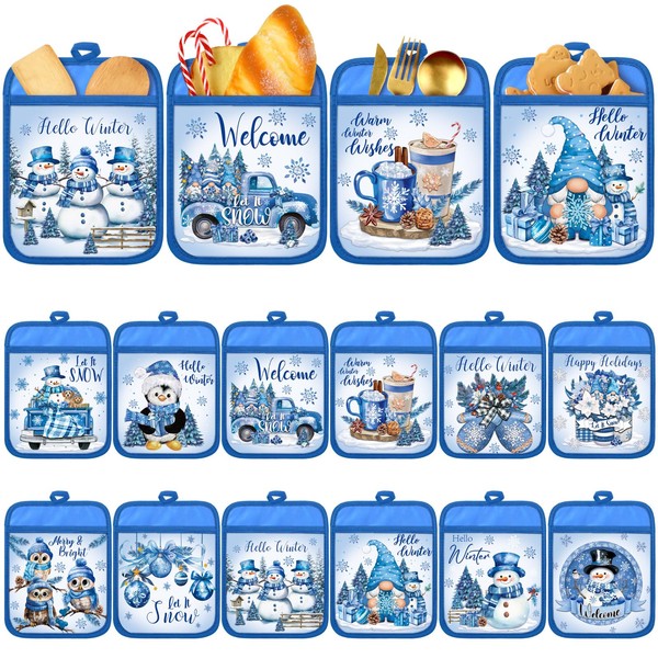 Jingmore 12 Pcs Blue Christmas Pot Holders with Pocket Hello