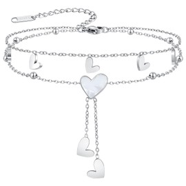 ankbrats Silver Anklet Bracelets for Women, Adjustable Double Layered Heart Ankle Chain, Waterproof Foot Chain Jewellery for Beach Summer Gift