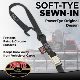 Powertye 1in x 6ft Cam Buckle Soft-Tye Tie-Downs w/S-Hooks - 400 lb. WLL / 1,200 lb. Breaking Strength - Made in USA - Black/Black (Pair)