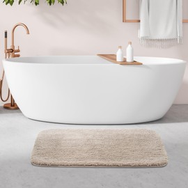 ROSMARUS Shaggy Bath Rugs for Bathroom Non Slip 28" X48", Water Absorbent Extra Long Bath Mat, Soft Shower Mat for Bathroom Floor & Tub, Fluffy Plush Bathroom Rugs Machine Washable, Beige
