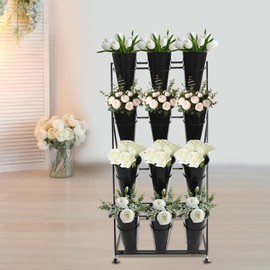 CheriMuMu Flower Display Stand with 12 Pieces Round Buckets, 4 Layers Indoor Outdoor Metal Plant Cart Shelf with Wheels, Heavy Duty Mobile Trapezoid Florist Stand for Patio Garden Living Room(Black)