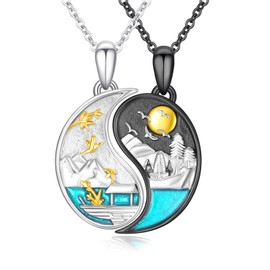 JFASHOP Yin Yang Necklace 925 Sterling Silver Taichi Pair BFF Chain Mountain Sun Pendant Necklace 2 Pieces Yin Yang Chain Jewellery Gifts for Women Men Couple