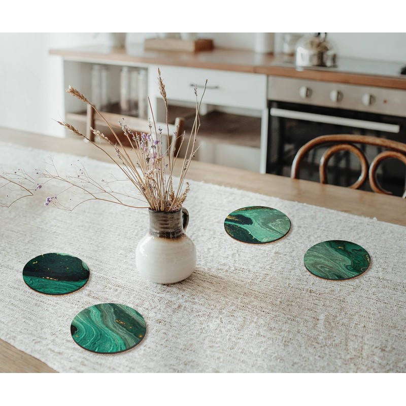 4 x Round Art Deco Coasters - Agate Green Abstract