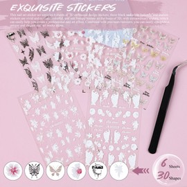 5D Embossed Flower Nail Art Stickers, 6 Sheets Petal Flame Nail Decals Self Adhesive Pegatinas Uñas Nail Supplies White Black Butterfly Stickers for Women Girls Nail Decorations