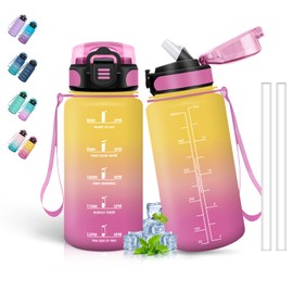 Children's Drinking Bottle, 500 ml Drinking Bottle, Drinking Bottle with Straw, Can Be Carried, Leak-Proof, Girls' Water Bottle with Time Marking, for School, Running, Camping, Yellow/Pink