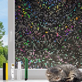 KESPEN Blackout Window Privacy Film, Mosaic Rainbow Decorative Stained Glass Cling, No Glue Self-Adhesive Window Tint Decals for Home and Door Covering, Blackout, 29.5 Inch X 6.5 Feet