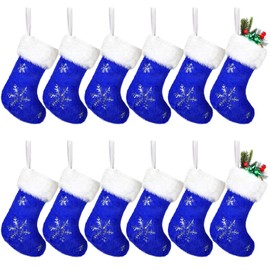 Glimin 12 Pcs 9 Inch Mini Christmas Stockings Faux Fur Xmas Stockings Small Plush Sequin Snowflake Stockings for Family Holiday Party Hanging Decoration Decor Gift(Blue, White)