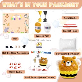 Crochet Kit for Beginners, Learn to Crochet Animals Starter Kit with Step-by-Step Video Tutorials, Crochet DIY Knitting Supplies for Adults Kids, Crochet Bee Bear (40%+ Yarn)