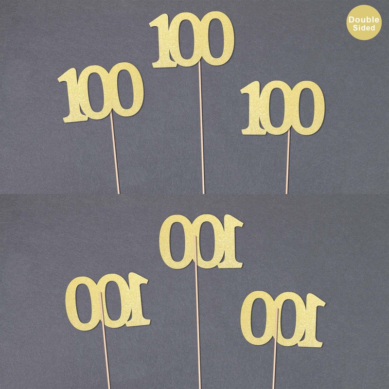 Gexolenu NO 100, 10 Pack Double-Sided Gold Glitter 100th Birthday