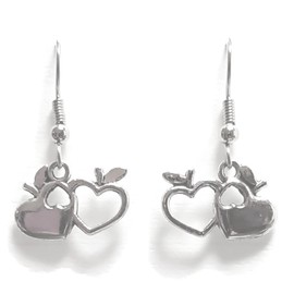 Double Apple Heart – 11x20mm - Silver alloy charm dangle earrings. Hypoallergenic Stainless-Steel Fishhook or Silver Plated Ball-Post, or Clip-on Earrings Opt.