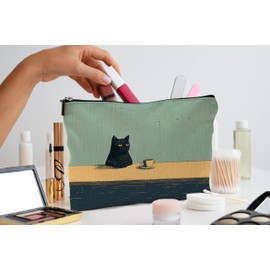 QGFM Black Cat Makeup Bag, Cat Cosmetic Bags for Women, Cats Lover Mom Lady Gifts for Women, Vintage Coffee Black Kitten Zipper Makeup Pouch