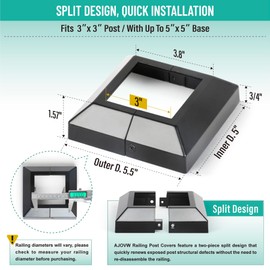 AJOVW 8 Piece 3" (3" Post x 5" Base) Aluminum Deck Post Base Cover, Split Deck Post Skirt for Balcony Railing, Stairs, Mailbox Risers, Decks and Porches, Deck Railing Base Bracket Cover (Black)
