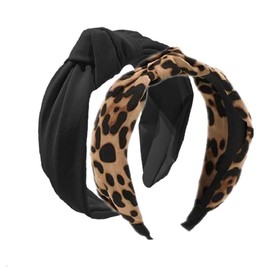 Headbands For Women,Gewaha Bow Knotted Wide Headband,Yoga Hair Band Fashion Elastic Hair Accessories For Women And Girls,2Pcs(Black And Leopard)