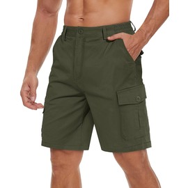 TACVASEN Mens Shorts Elasticated Waist Cotton Shorts Stretch Cargo Shorts Outdoor Hiking Shorts with Pockets (32, Army Green)