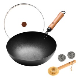WANGYUANJI 11-Inch Carbon Steel Wok with Wooden Handle & Glass Lid - Non-Stick Round Bottom Wok for Gas Stove & Open Flame Cooking
