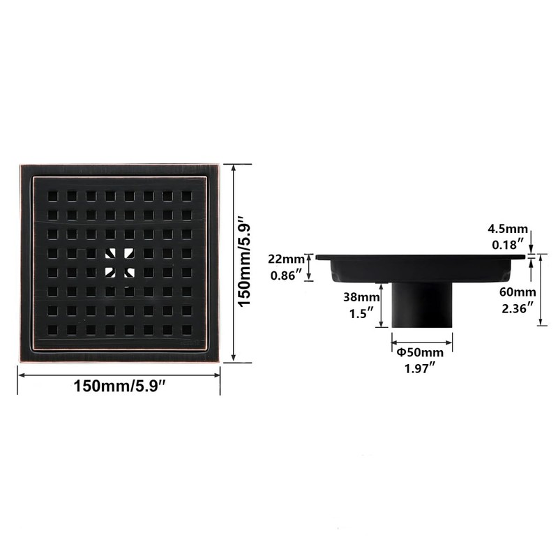 RANDOM Oil Rubbed Bronze Shower Drain Square 6 Inch Shower