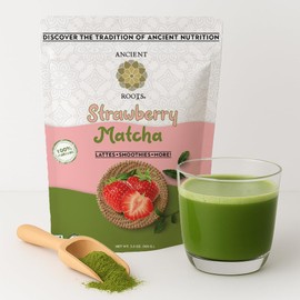 Ancient Roots Té Verde Matcha Fresa En Polvo - Todo Natural, Sin Azúcar Agregado, Relleno De Antioxidantes (25 Porciones)                             