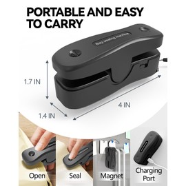 Mini Bag Sealer Rechargeable 2-in-1 Snack Sealer with Magnet Portable Bag Resealer USB Mini Sealer for chip Bag Plastic Bag Storage Freshness, Black