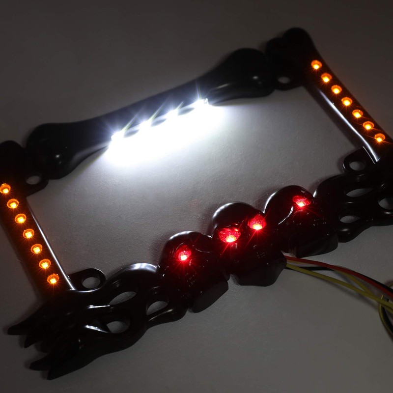 HTTMT- 3D Black Skull Flame Bone License Plate Frame w/LED
